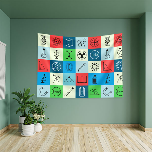 Bilim Temalı Kare Desenli Duvar Örtüsü - Çok Disiplinli Bilim İkonları 8226