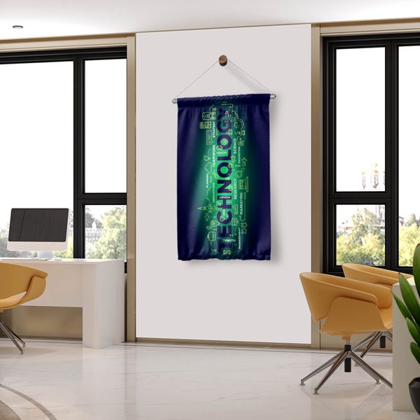 Teknoloji Bulutu Temalı Dekoratif Duvar Flaması - Yeşil Neon Yazılı Siber Sanat 10284