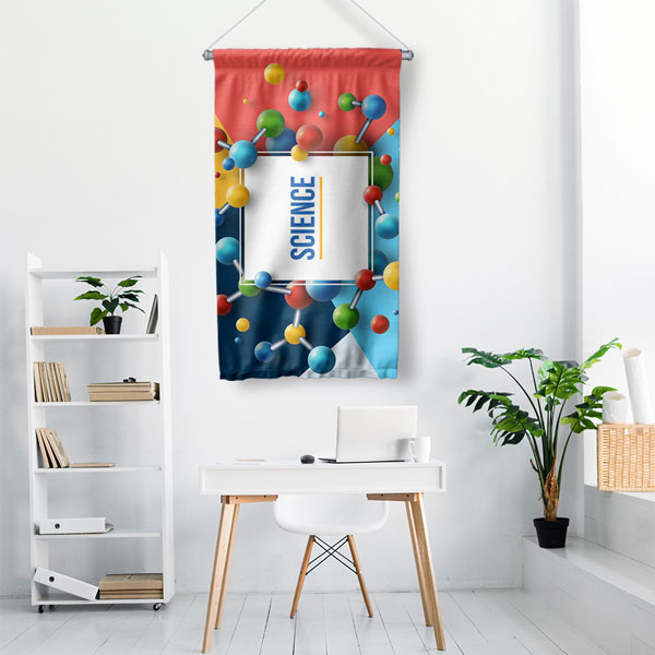 Molekül ve Geometrik Şekiller Temalı Dekoratif Duvar Flaması - "SCIENCE" Yazılı Modern Sanat 10297-DF