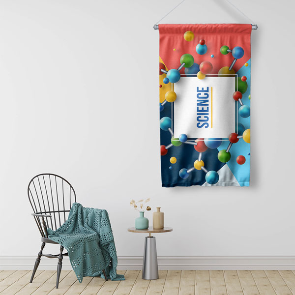 Molekül ve Geometrik Şekiller Temalı Dekoratif Duvar Flaması - "SCIENCE" Yazılı Modern Sanat 10297-DF