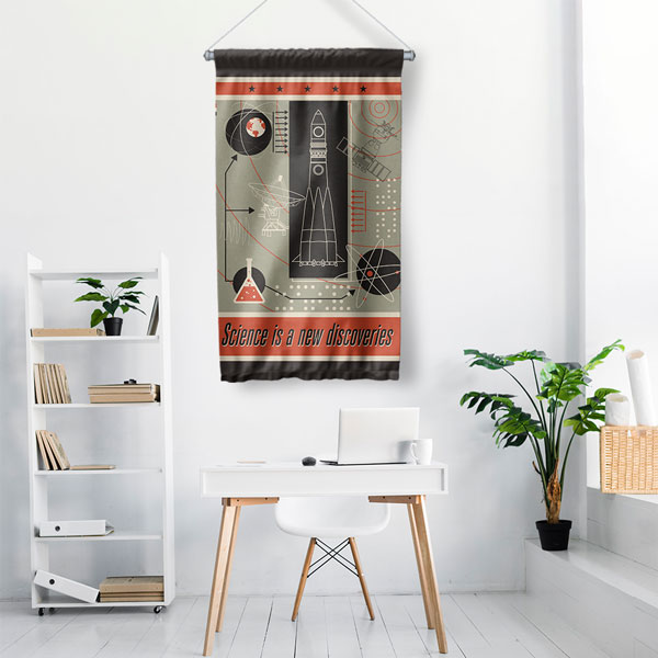 Retro Uzay ve Bilim Temalı Dekoratif Duvar Flaması - Vintage Keşif Afişi 10298-DF