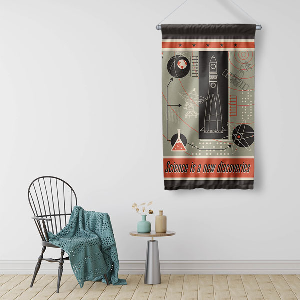 Retro Uzay ve Bilim Temalı Dekoratif Duvar Flaması - Vintage Keşif Afişi 10298-DF