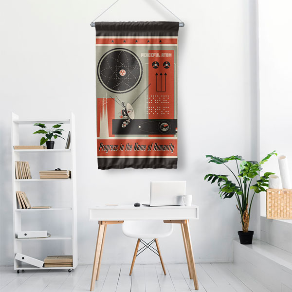 Retro Atom ve İnsanlık İlerlemesi Temalı Dekoratif Duvar Flaması - "Peaceful Atom" 10301-DF