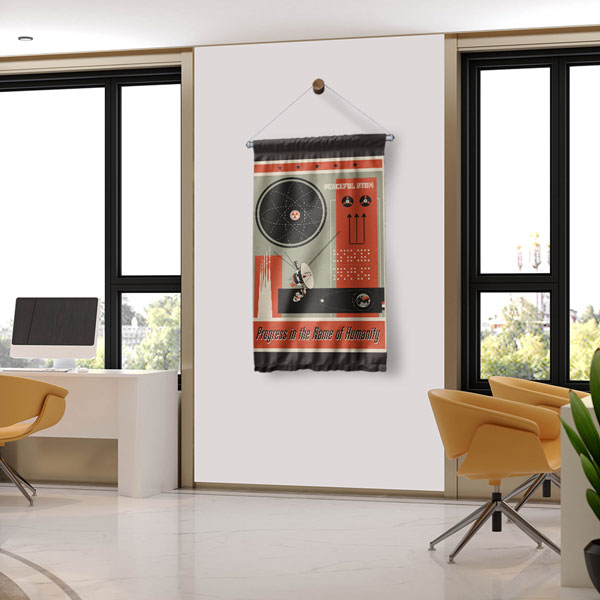 Retro Atom ve İnsanlık İlerlemesi Temalı Dekoratif Duvar Flaması - "Peaceful Atom" 10301-DF