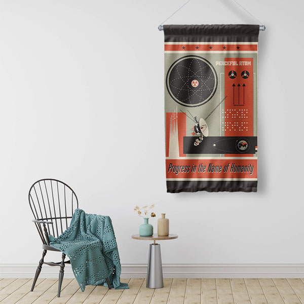 Retro Atom ve İnsanlık İlerlemesi Temalı Dekoratif Duvar Flaması - "Peaceful Atom" 10301-DF