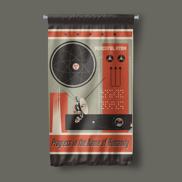 Retro Atom ve İnsanlık İlerlemesi Temalı Dekoratif Duvar Flaması - "Peaceful Atom" 10301-DF