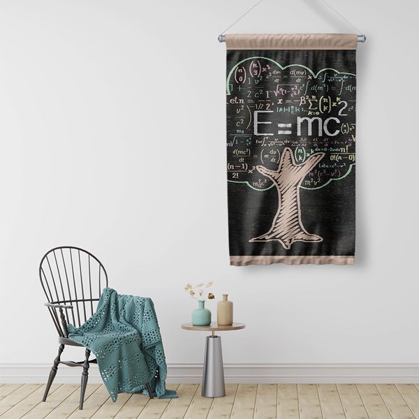 E=mc² Formülü ve Bilim Ağacı Temalı Dekoratif Duvar Flaması - Eğitici Kara Tahta Tasarımı 10304-DF