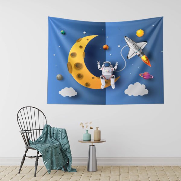 Astronot ve Ayda Gezegenler Duvar Örtüsü - Uzay ve Keşif Temalı 10357