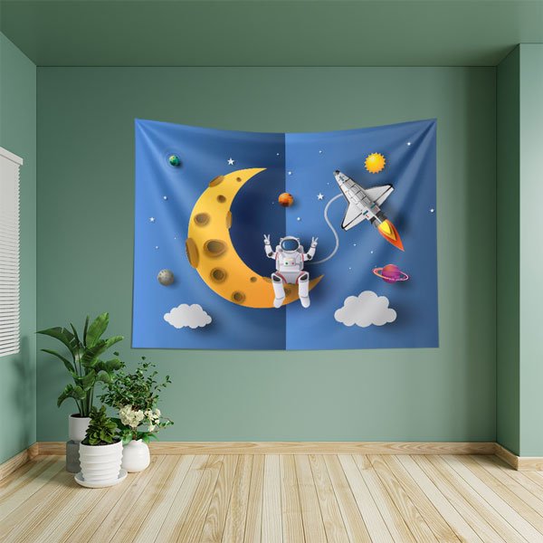 Astronot ve Ayda Gezegenler Duvar Örtüsü - Uzay ve Keşif Temalı 10357