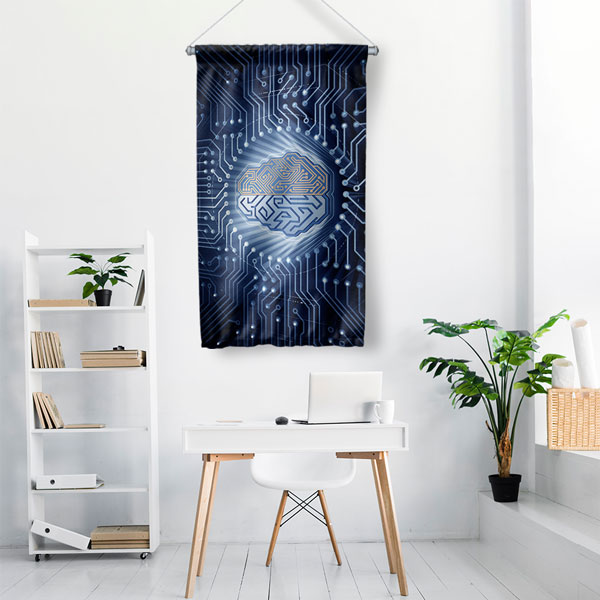 Yapay Zeka Beyni ve Devre Kartı Temalı Dekoratif Duvar Flaması - Fütüristik Teknoloji Sanatı 10283-DF
