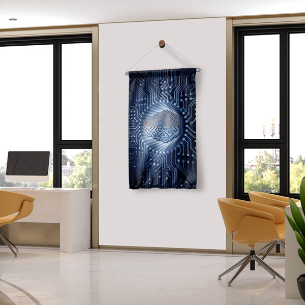 Yapay Zeka Beyni ve Devre Kartı Temalı Dekoratif Duvar Flaması - Fütüristik Teknoloji Sanatı 10283-DF