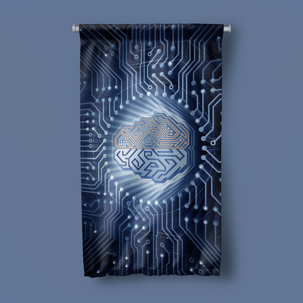 Yapay Zeka Beyni ve Devre Kartı Temalı Dekoratif Duvar Flaması - Fütüristik Teknoloji Sanatı 10283-DF
