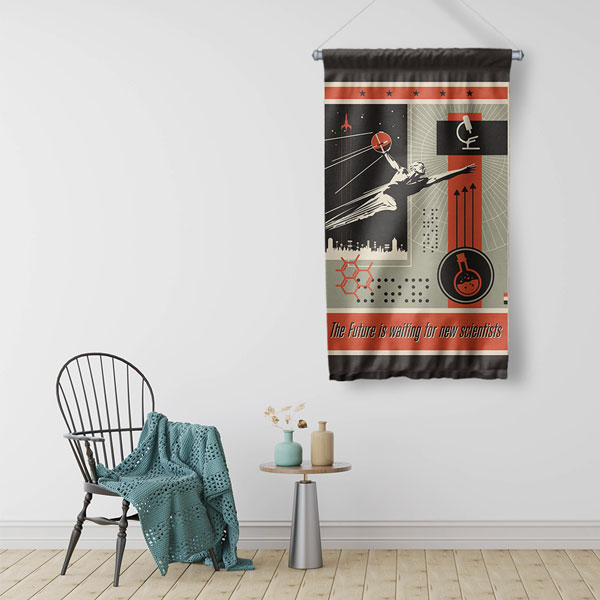 Retro Bilim Adamı ve Uzay Keşfi Temalı Dekoratif Duvar Flaması 10299
