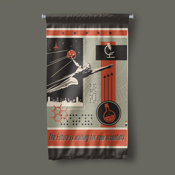 Retro Bilim Adamı ve Uzay Keşfi Temalı Dekoratif Duvar Flaması 10299