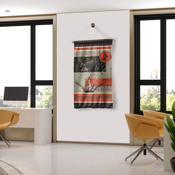 Retro Uzay ve Bilim Keşfi Temalı Dekoratif Duvar Flaması 10300-DF