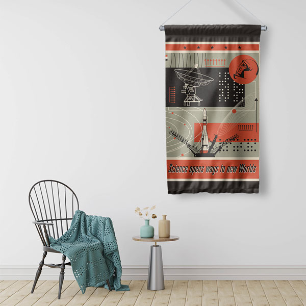 Retro Uzay ve Bilim Keşfi Temalı Dekoratif Duvar Flaması 10300-DF