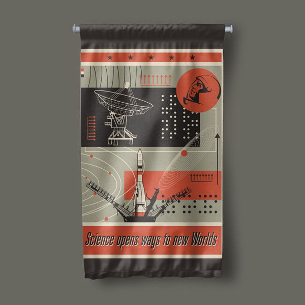 Retro Uzay ve Bilim Keşfi Temalı Dekoratif Duvar Flaması 10300-DF