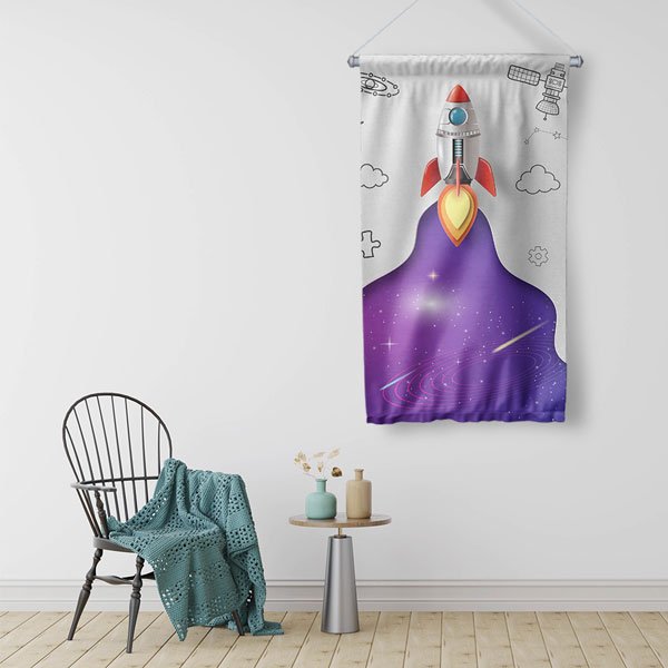 Fırlatılan Roket ve Galaksi Temalı Dekoratif Duvar Flaması - Uzay Macerası Tasarımı 10308