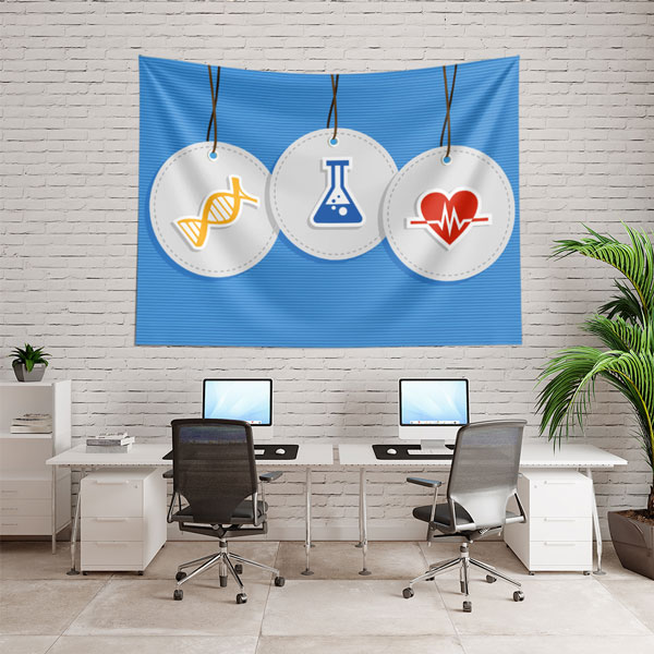 DNA, Deney Şişesi ve Kalp İkonlu Mavi Dijital Duvar Örtüsü 8216