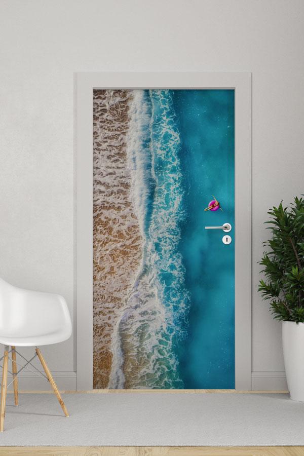 Üstten Bakış Turkuaz Deniz ve Sahil Manzaralı Kapı Giydirme 9712
