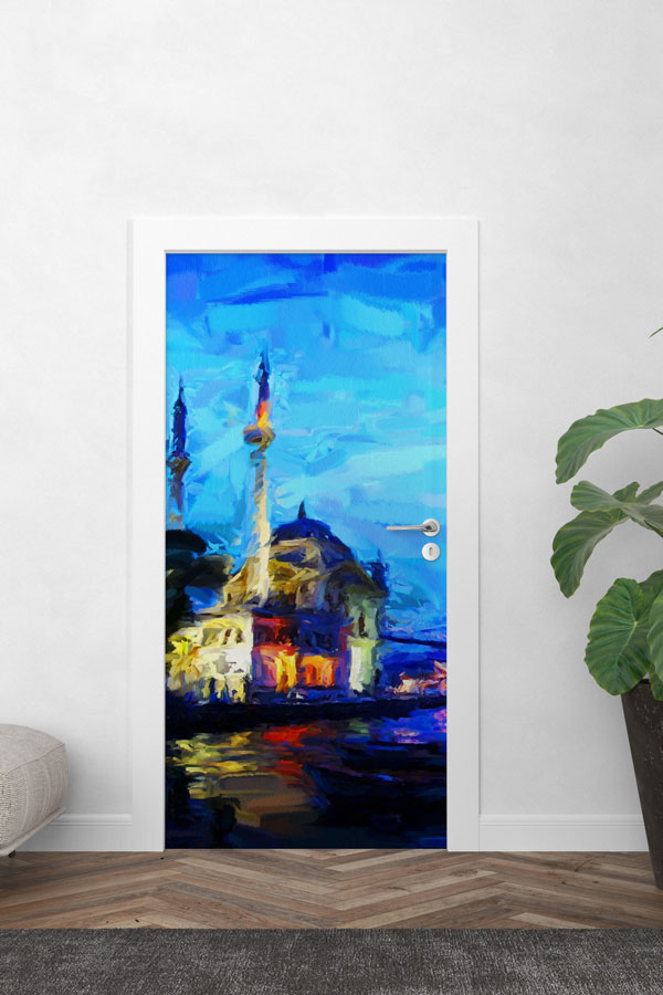 sınıf, kapı, giydirme, tasarım İstanbul Cami Silüeti Sanatsal Kapı Giydirme Mavi Tonlar Dekoratif Baskı 9787