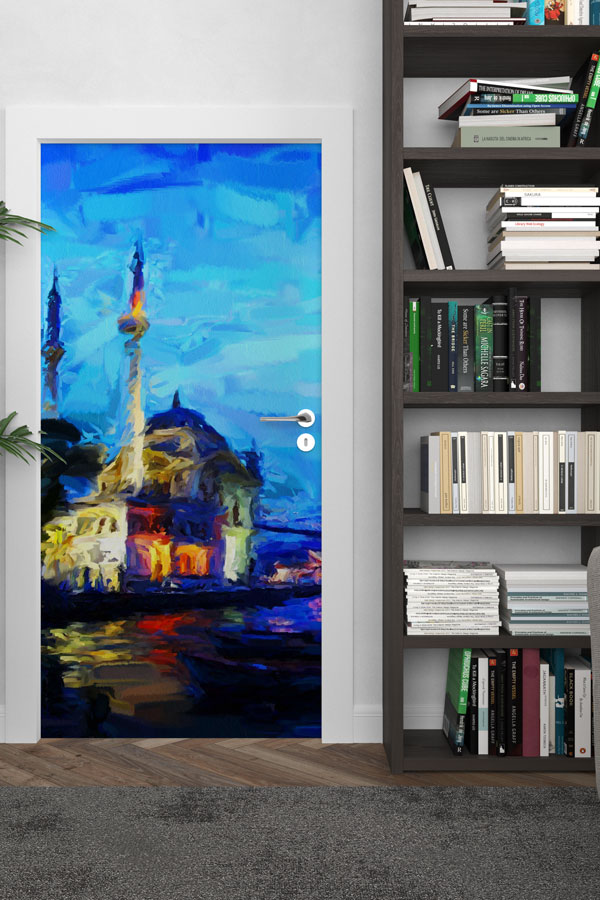 sınıf,kapı,giydirme,tasarım İstanbul Cami Silüeti Sanatsal Kapı Giydirme Mavi Tonlar Dekoratif Baskı 9787