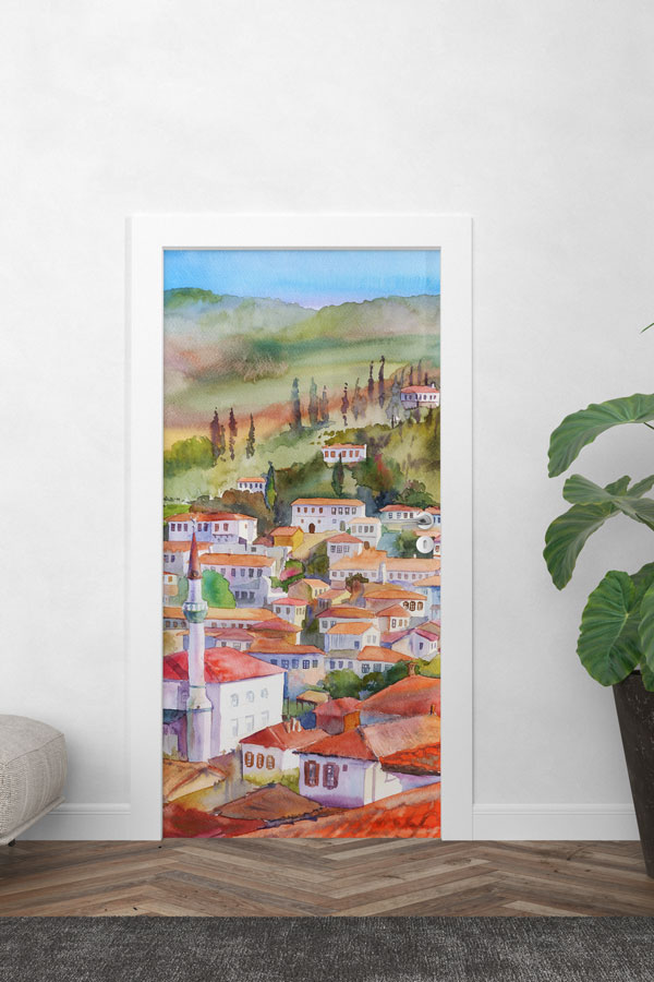 Sulu Boya Anadolu Kasabası Manzaralı Kapı Giydirme 9751