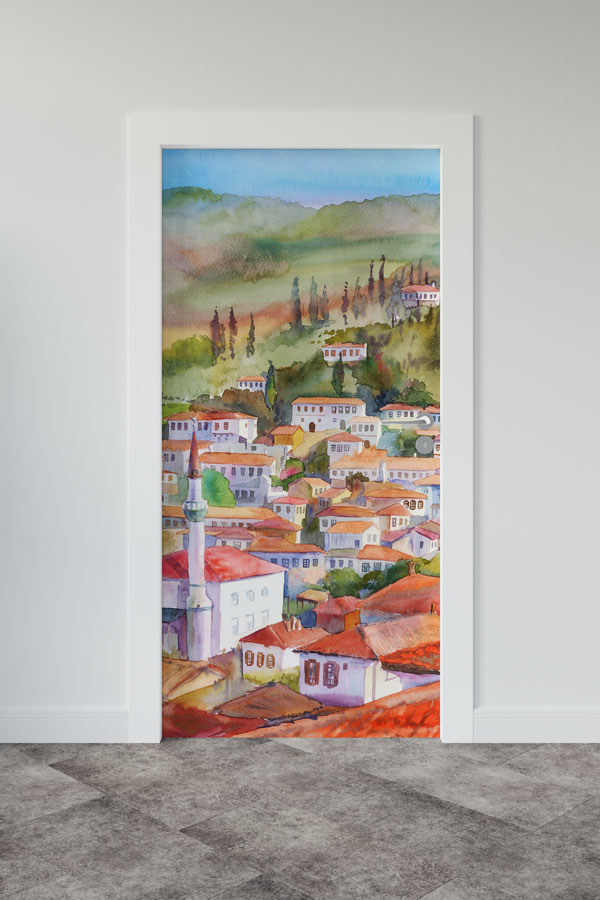 Sulu Boya Anadolu Kasabası Manzaralı Kapı Giydirme 9751