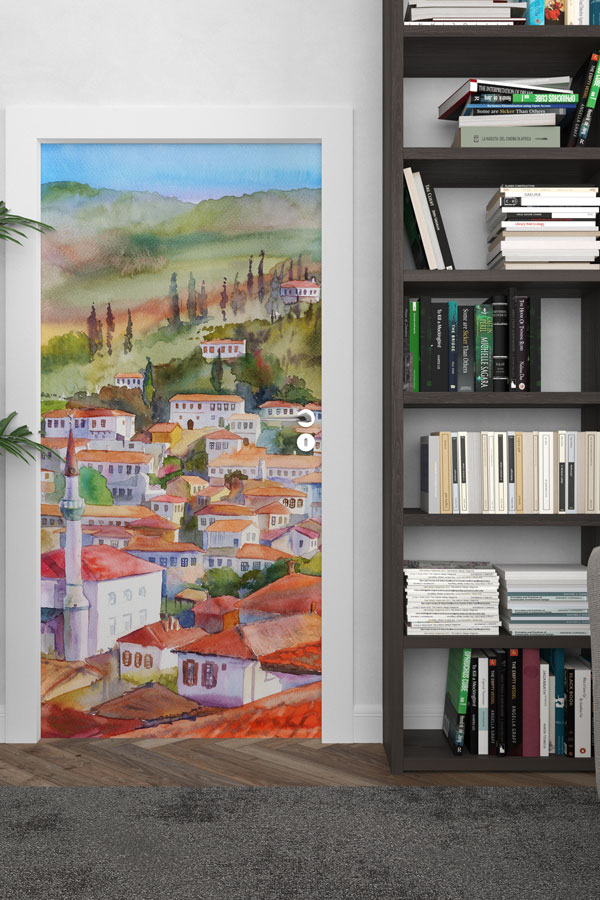 Sulu Boya Anadolu Kasabası Manzaralı Kapı Giydirme 9751