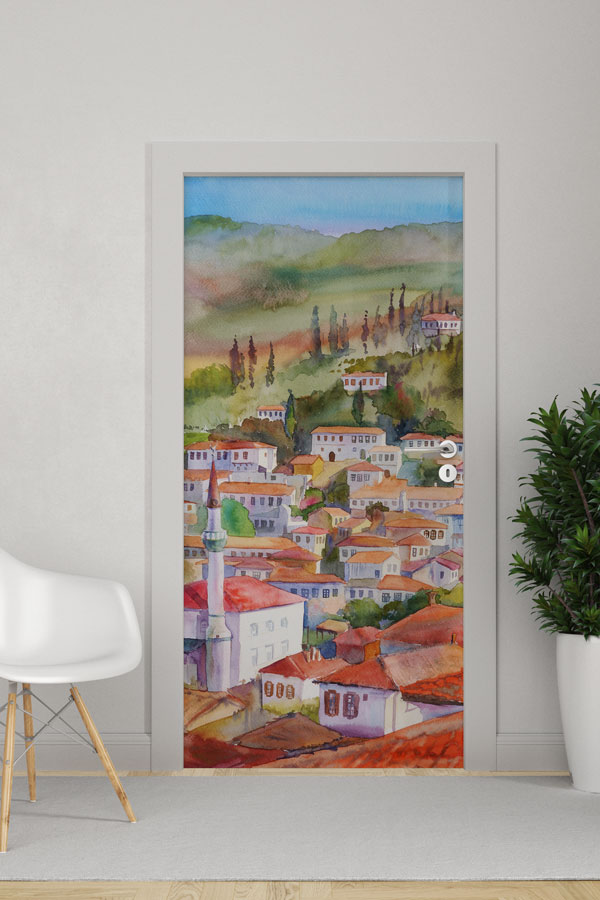 Sulu Boya Anadolu Kasabası Manzaralı Kapı Giydirme 9751