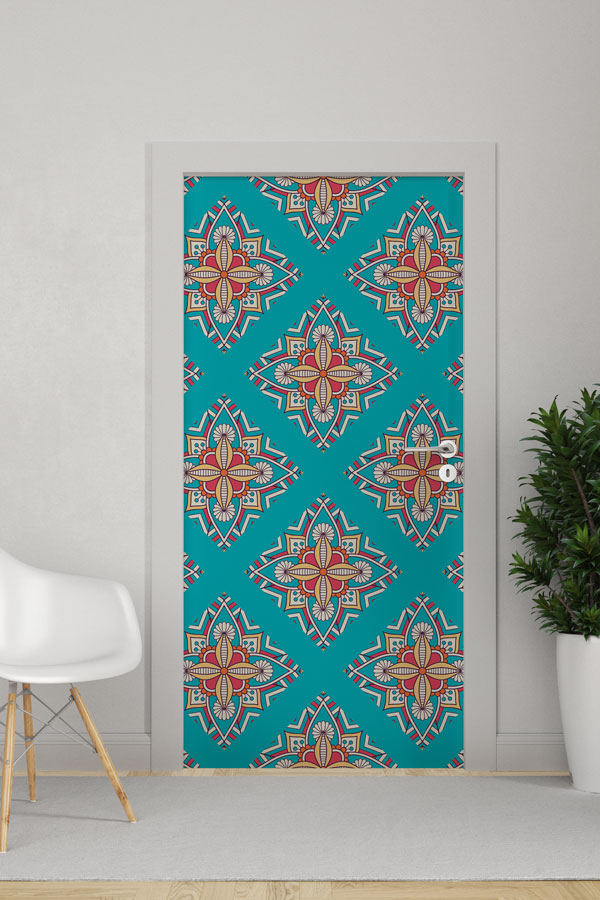 Turkuaz Geleneksel Desenli Kapı Giydirme 9522