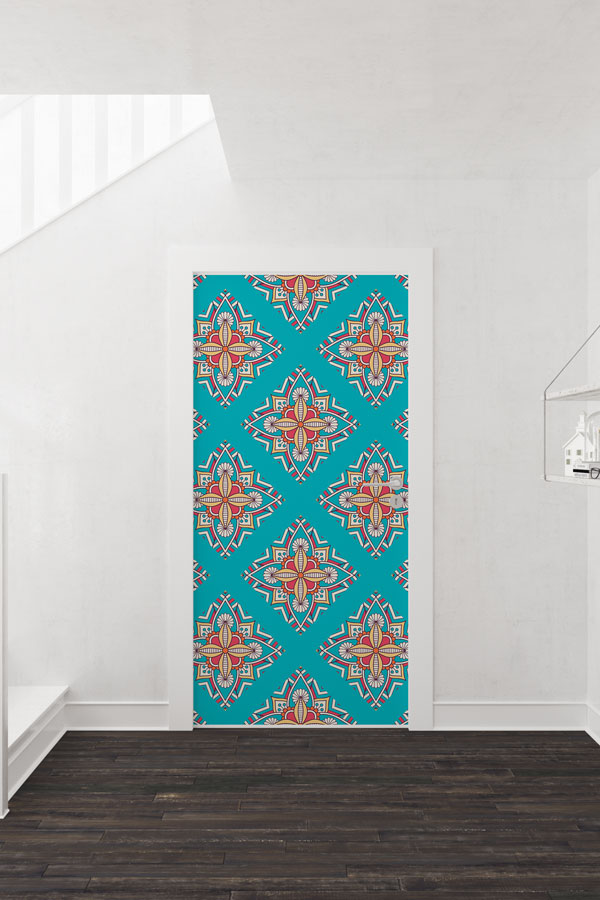 Turkuaz Geleneksel Desenli Kapı Giydirme 9522