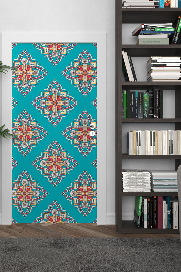 Turkuaz Geleneksel Desenli Kapı Giydirme 9522