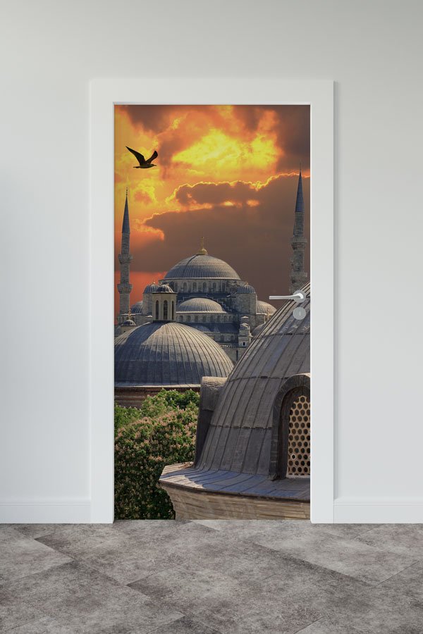 Camii Gün Batımı Manzaralı Kapı Giydirme Dekoratif Baskı 9606
