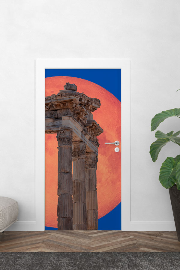 Kırmızı Ay ve Antik Sütunlar Manzaralı Kapı Giydirme 9753