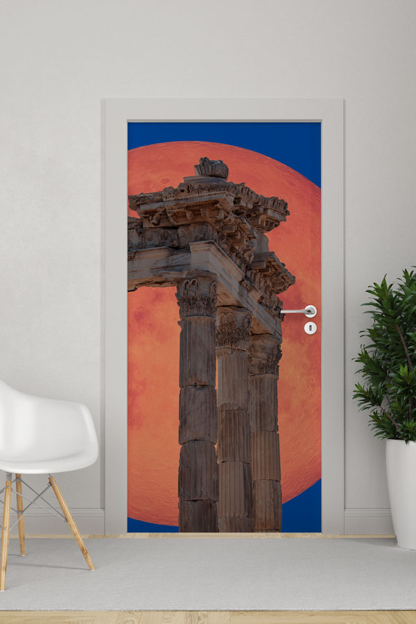 Kırmızı Ay ve Antik Sütunlar Manzaralı Kapı Giydirme 9753