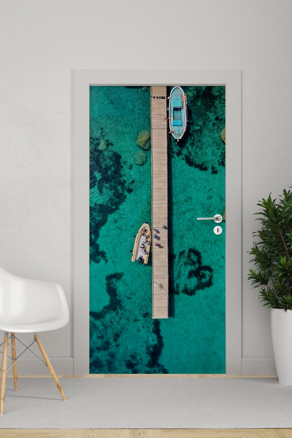 Turkuaz Deniz ve Ahşap İskele Havadan Görünüm Kapı Giydirme 9748