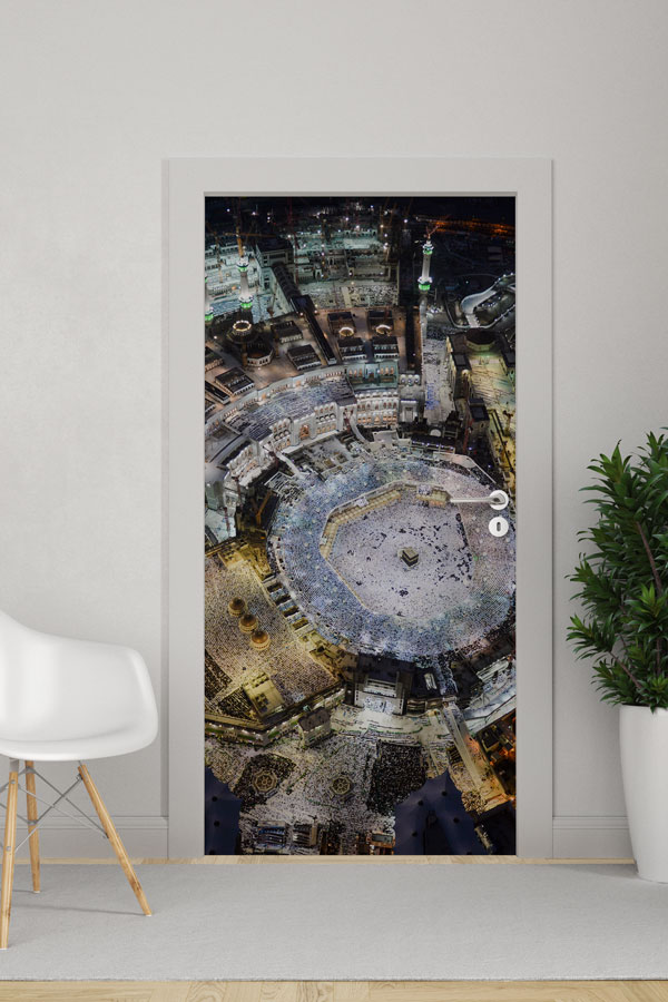 Kabe ve Mekke Gece Manzaralı Kapı Giydirme Tasarımı 9555