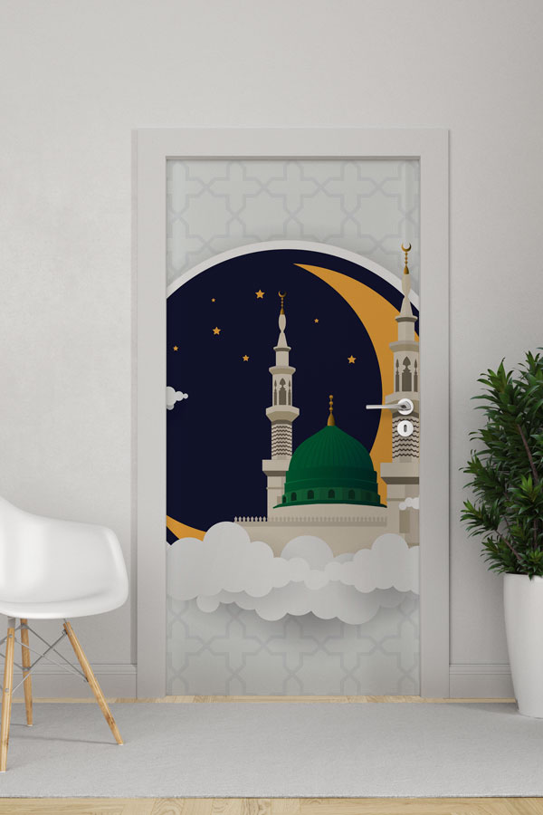 Medine Yeşil Kubbe ve Minare İllüstrasyonlu Kapı Giydirme 9559