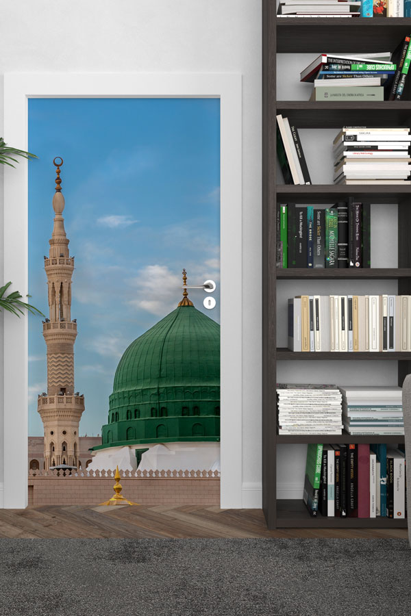 sinif-kapi-tasarimlari-9560-02 Medine Yeşil Kubbe ve Minare Görselli Kapı Giydirme Dekoratif Baskı 9560