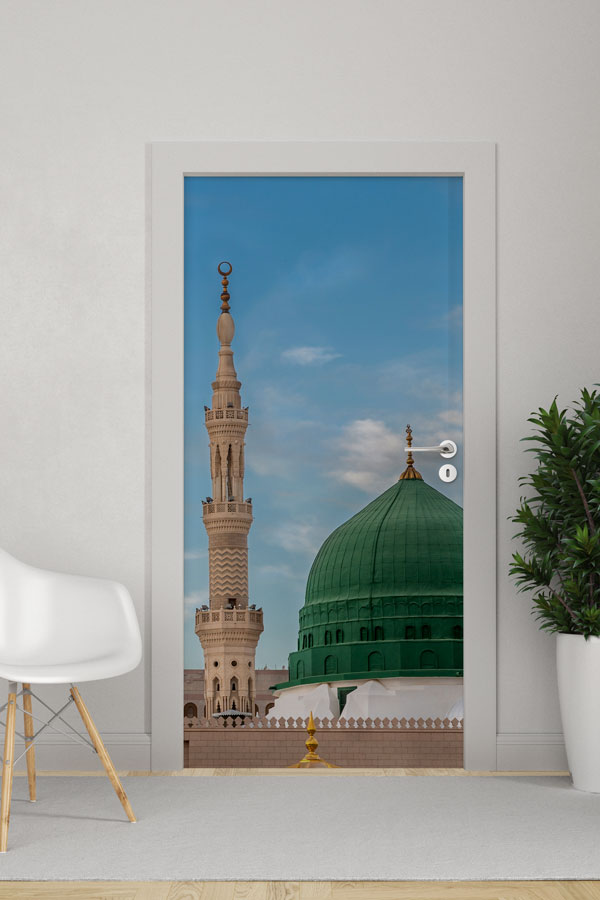 sinif-kapi-tasarimlari-9560-03 Medine Yeşil Kubbe ve Minare Görselli Kapı Giydirme Dekoratif Baskı 9560
