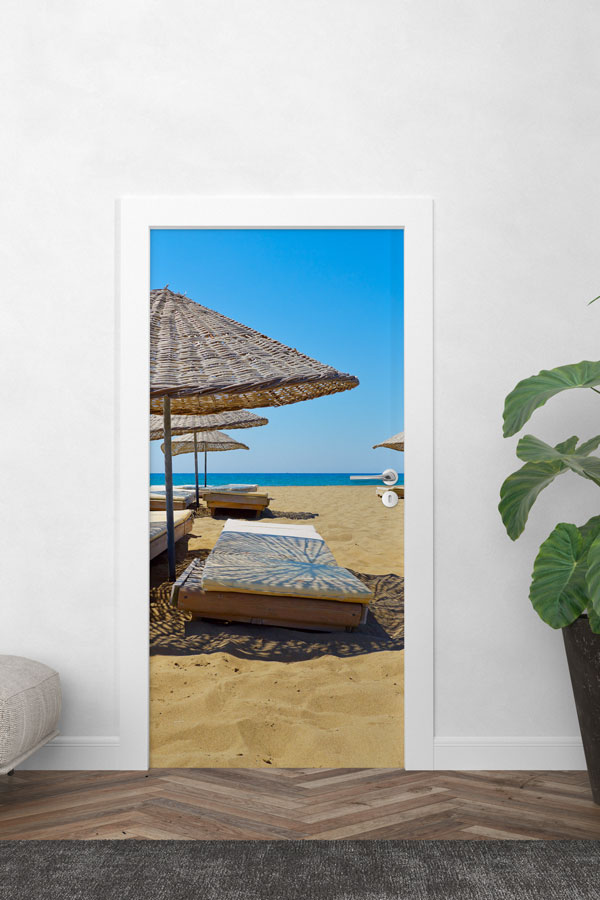 Plaj Şemsiyeleri ve Şezlonglar Manzaralı Kapı Giydirme 9695