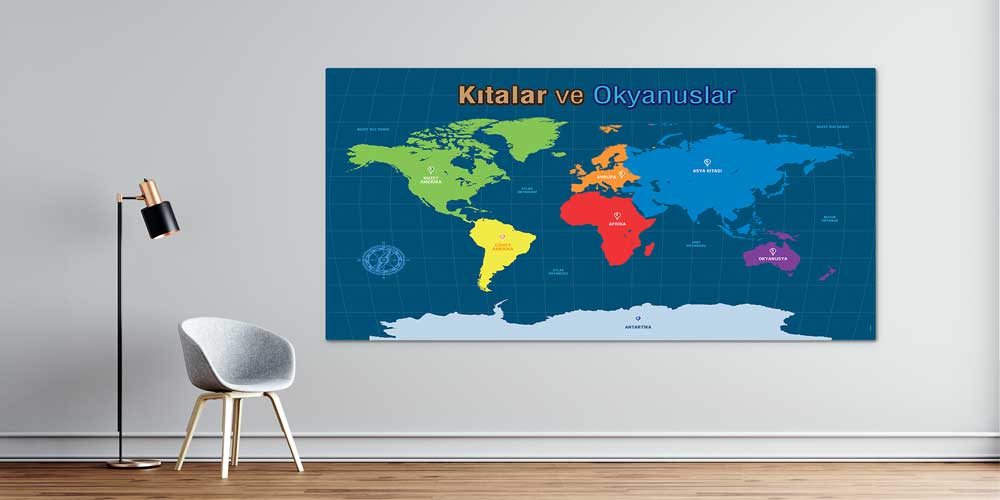 sosyal-bilgiler-sinifi-f-115-00 Kıtalar ve Okyanuslar Dünya Haritası Duvar Dekoru F-115
