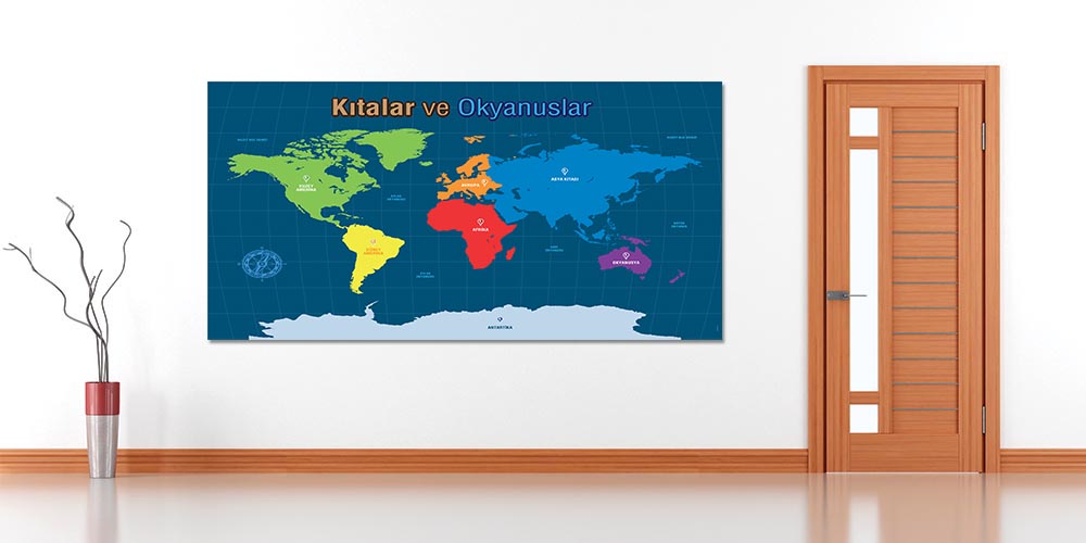 Kıtalar ve Okyanuslar Dünya Haritası Duvar Dekoru F-115