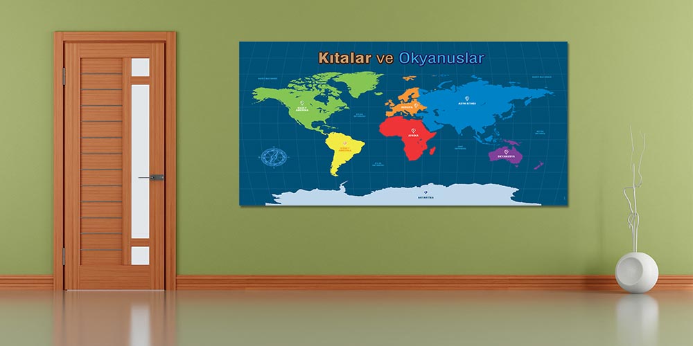 Kıtalar ve Okyanuslar Dünya Haritası Duvar Dekoru F-115