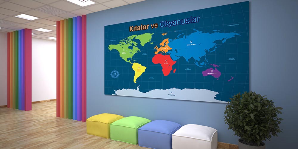 Kıtalar ve Okyanuslar Dünya Haritası Duvar Dekoru F-115