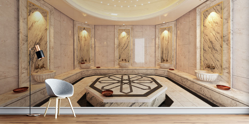 Bakır tas ve kese aksesuarlarıyla geleneksel hamam atmosferi sunan otantik spa duvar dekorasyonu görseli. 5942