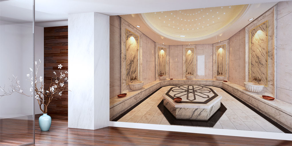 spa-duvar-kagidi-5942-01 Bakır tas ve kese aksesuarlarıyla geleneksel hamam atmosferi sunan otantik spa duvar dekorasyonu görseli. 5942