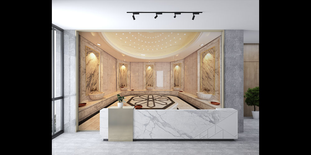 spa-duvar-kagidi-5942-02 Bakır tas ve kese aksesuarlarıyla geleneksel hamam atmosferi sunan otantik spa duvar dekorasyonu görseli. 5942