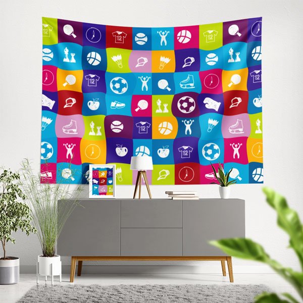 Renkli Karelerde Spor İkonları Duvar Örtüsü 8443